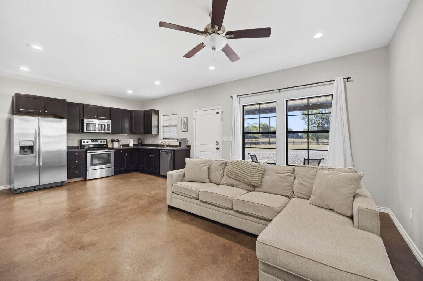 kitchen and living room with couch